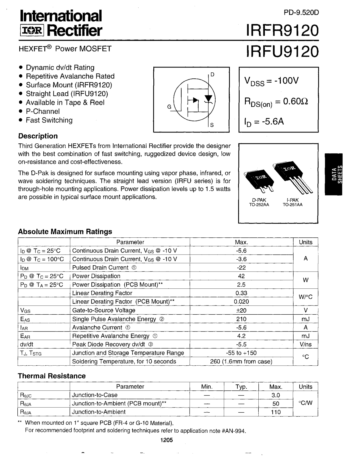 International Rectifier IRFU9120, IRFR9120 Datasheet