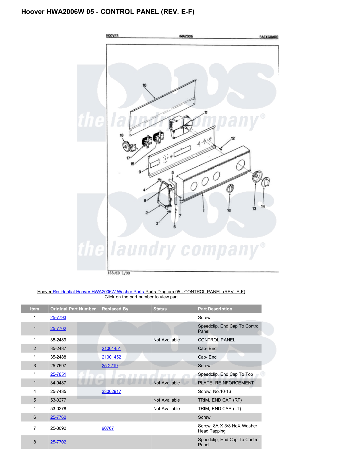 Hoover HWA2006W Parts Diagram