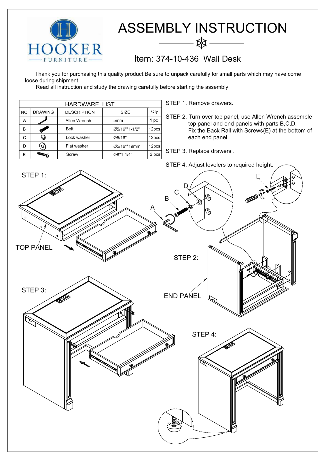 Hooker Furniture 37410436 Assembly Guide