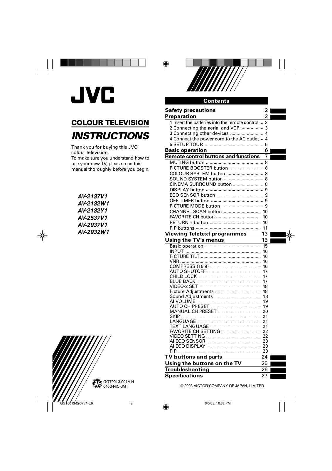 JVC 0403-NIC-JMT, AV-2537V1, AV-2132Y1, AV-2132W1, AV-2137V1 User Manual