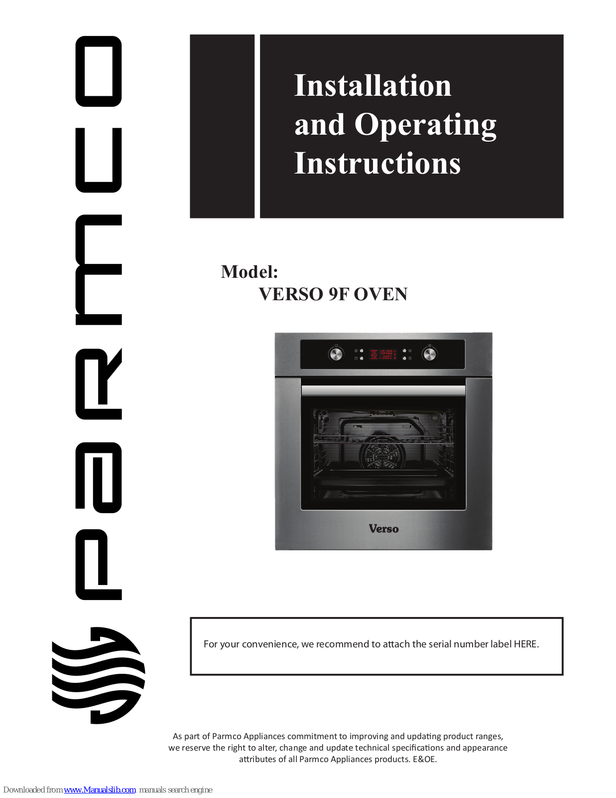 Parmco VERSO 9F Installation And Operating Instructions Manual