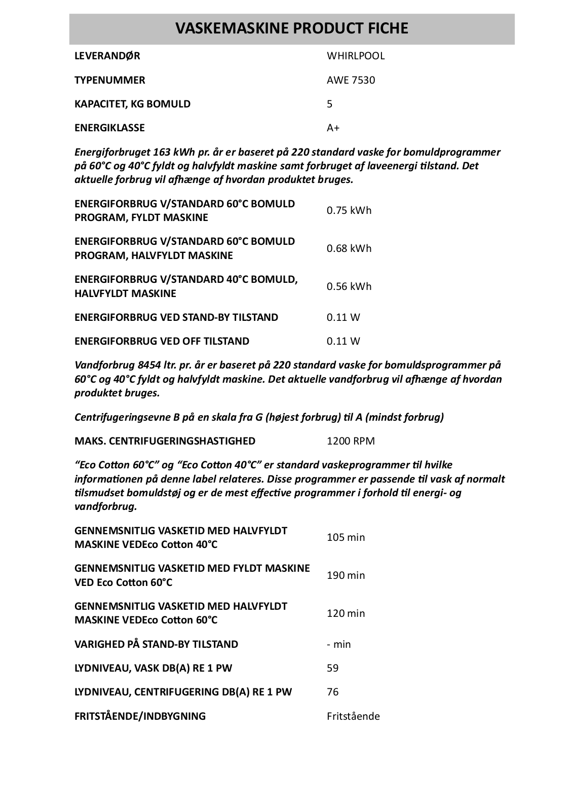 Whirlpool AWE 7530 OPLYSNINGSSKEMA User Manual