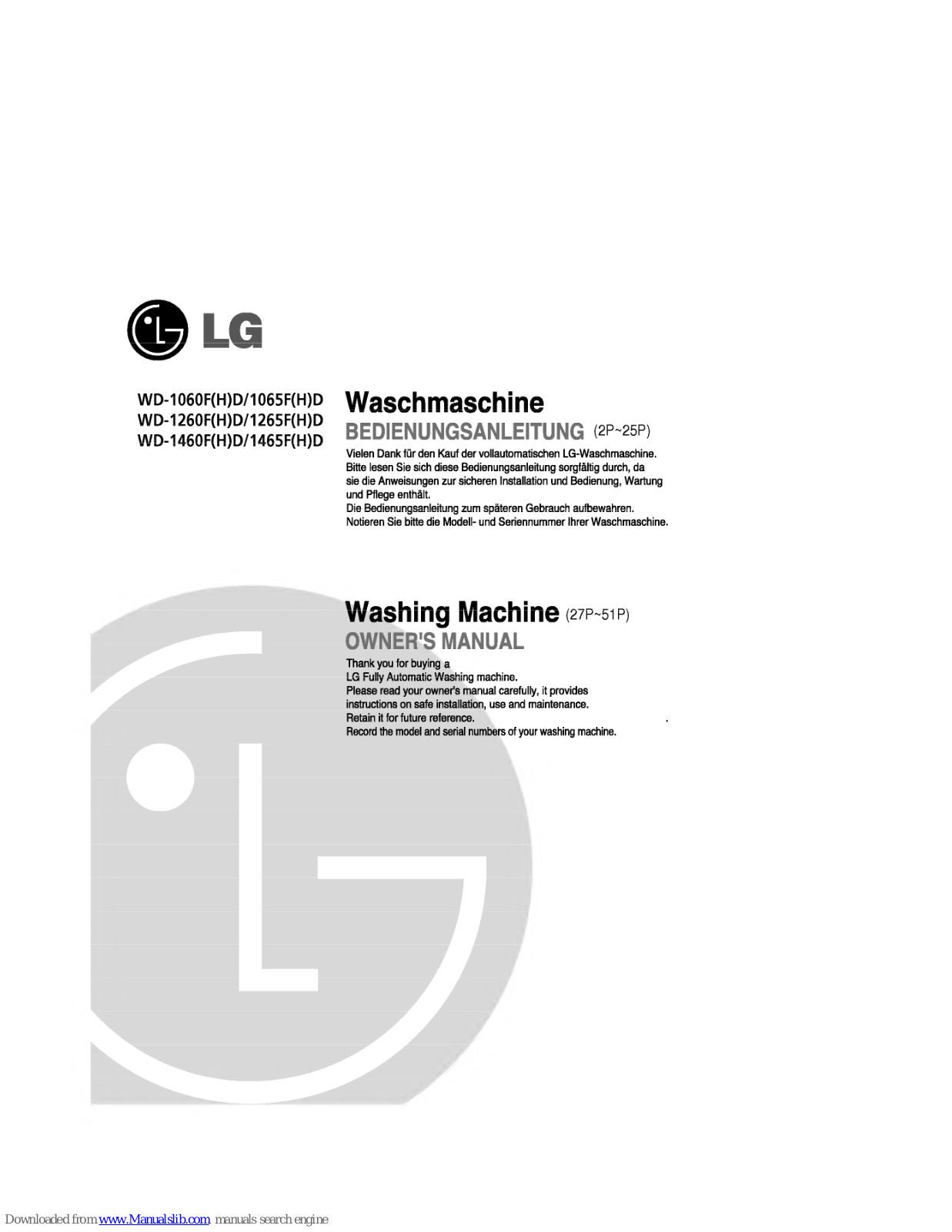 LG WD-1060HD, WD-1065FD, WD-1065HD, WD-1260FD, WD-1260HD Owner's Manual