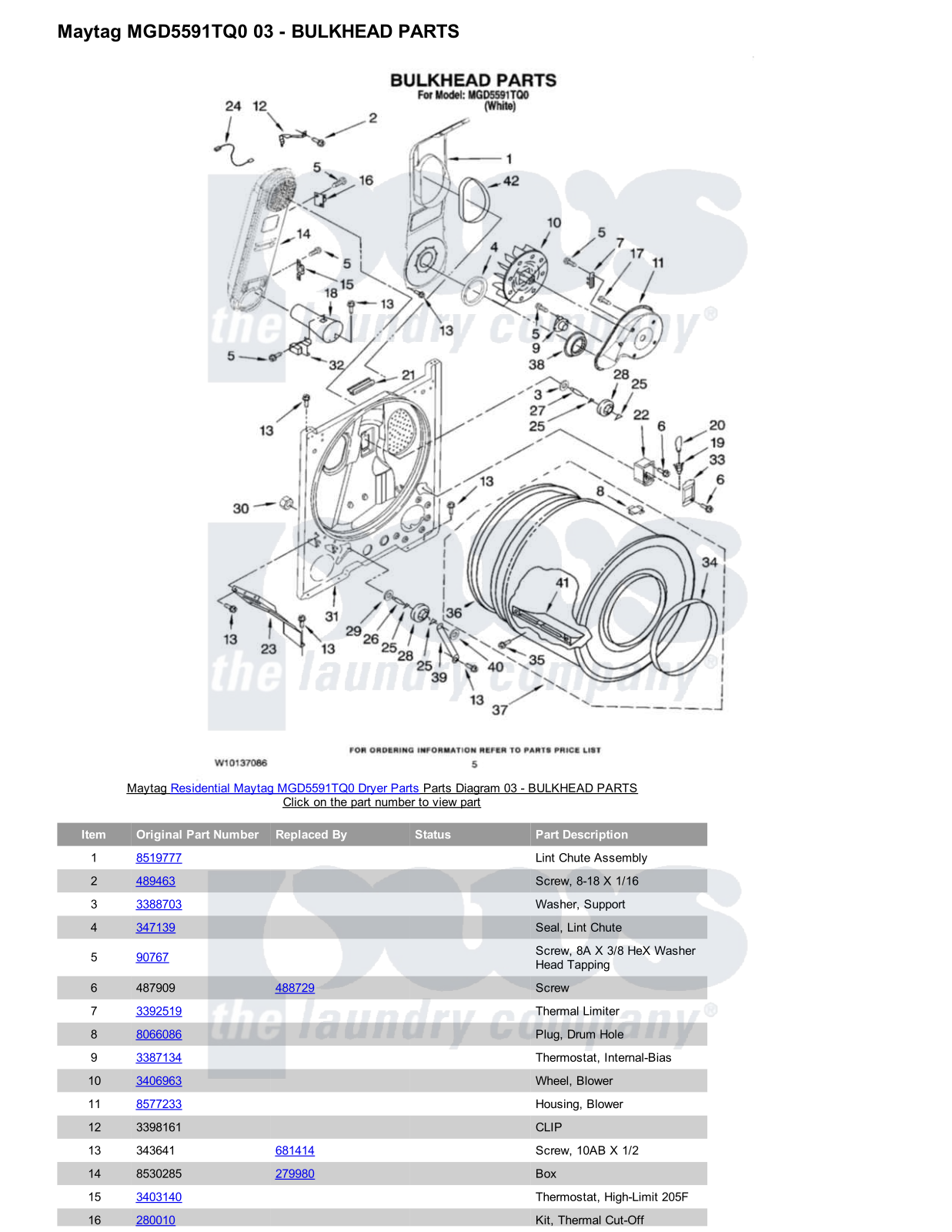 Maytag MGD5591TQ0 Parts Diagram