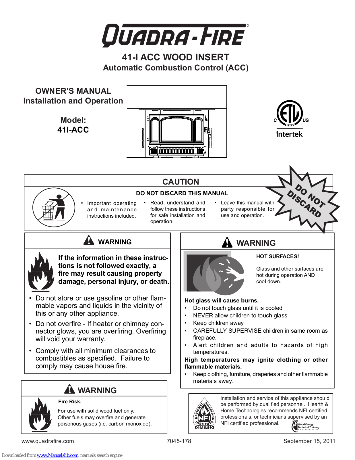 Quadra-Fire 41I-ACC Owner's Manual