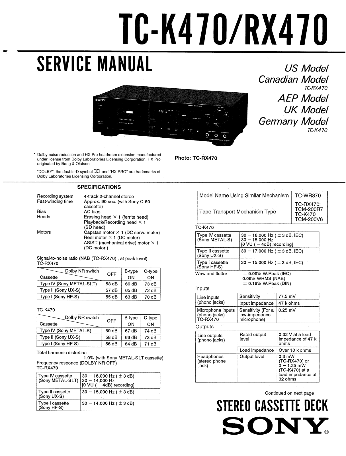 Sony TCK-470 Service manual