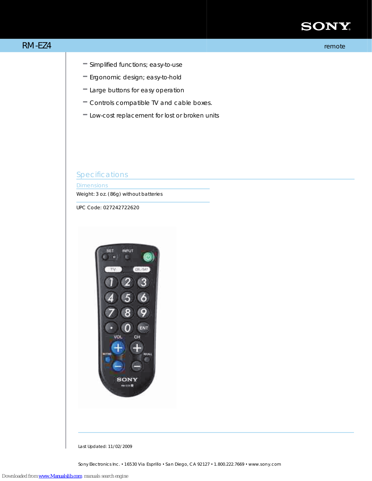 Sony RM-EZ4 Marketing Specifications