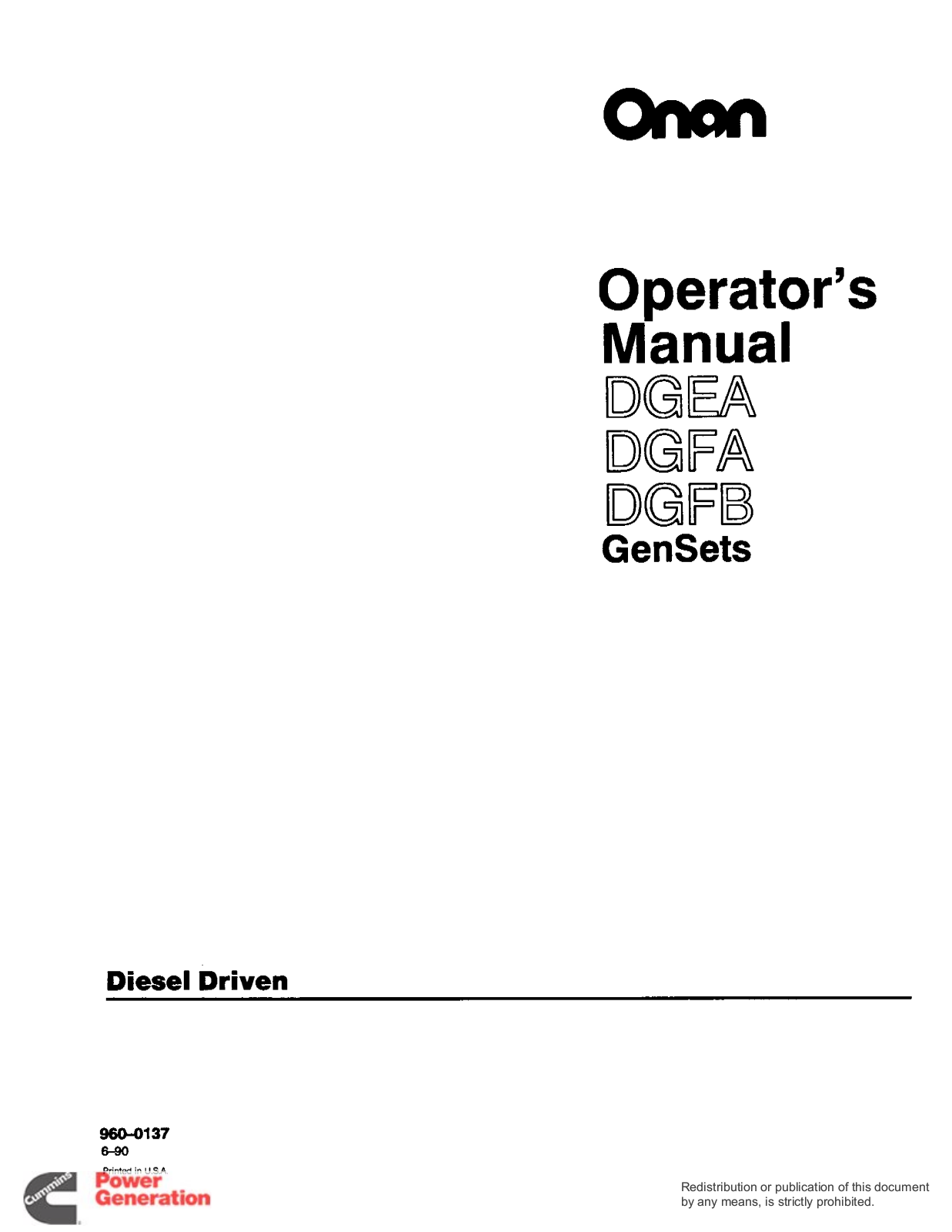 CUMMINS Onan DGFB, Onan DGFA, Onan DGEA Operator's Manual