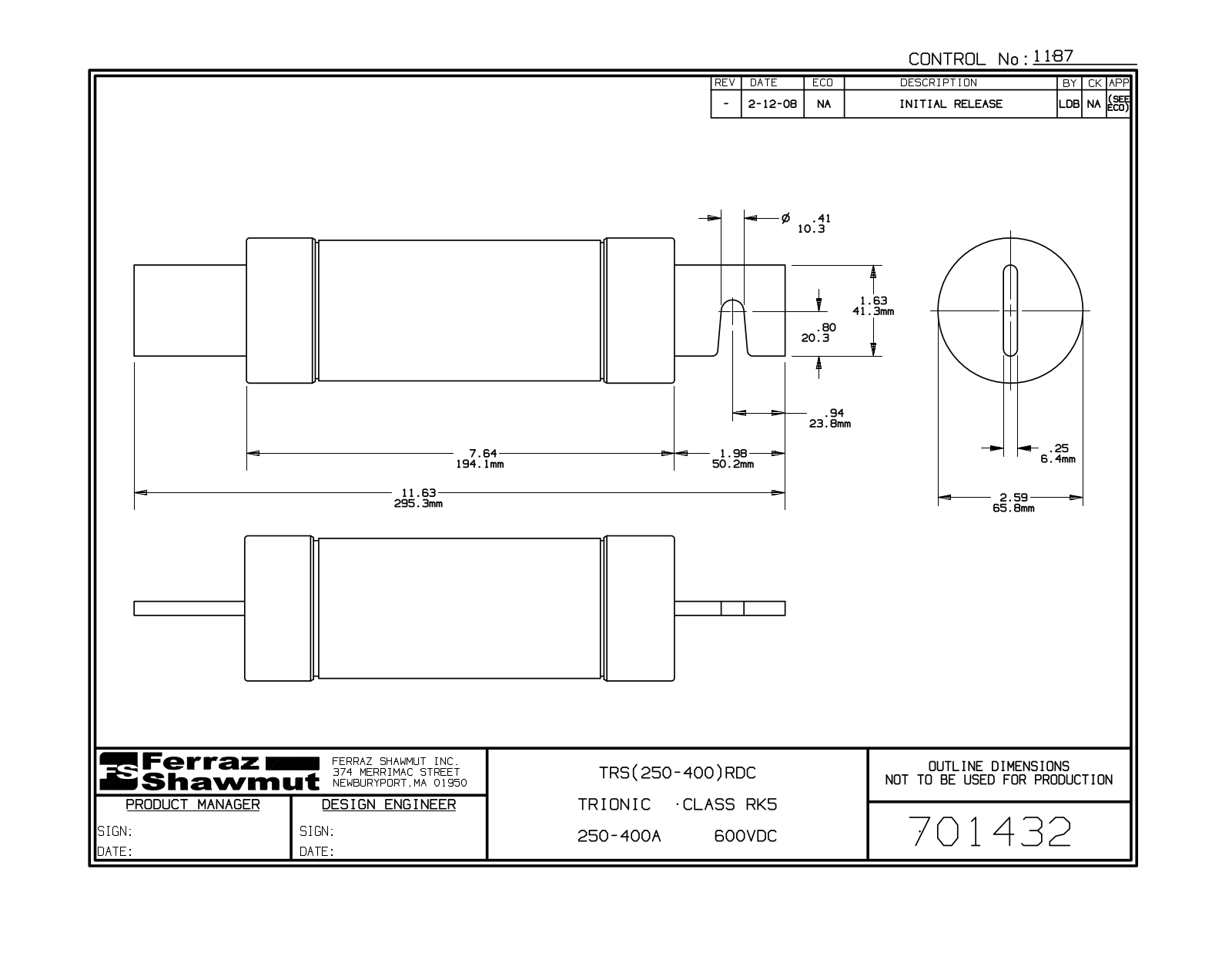 Mersen, formerly Ferraz Shawmut TRS(250-400)RDC Dimensional Sheet