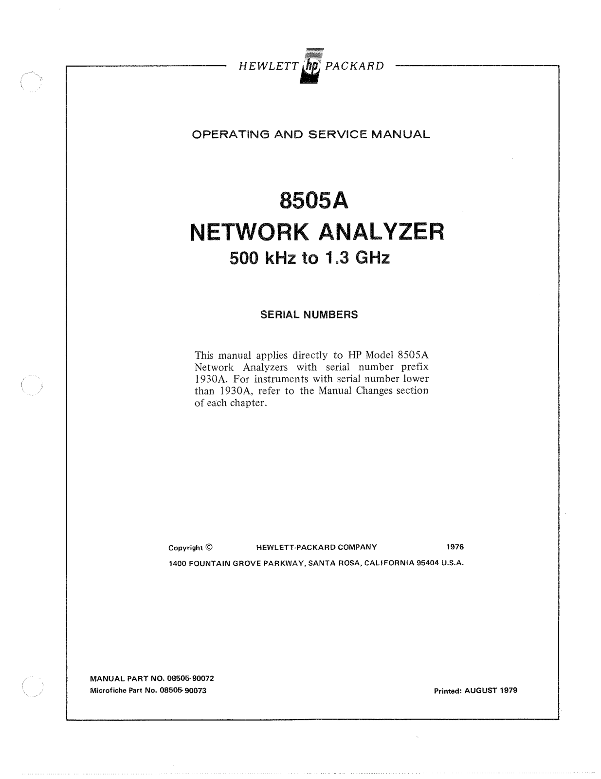 HP (Hewlett-Packard) 8505A User Manual