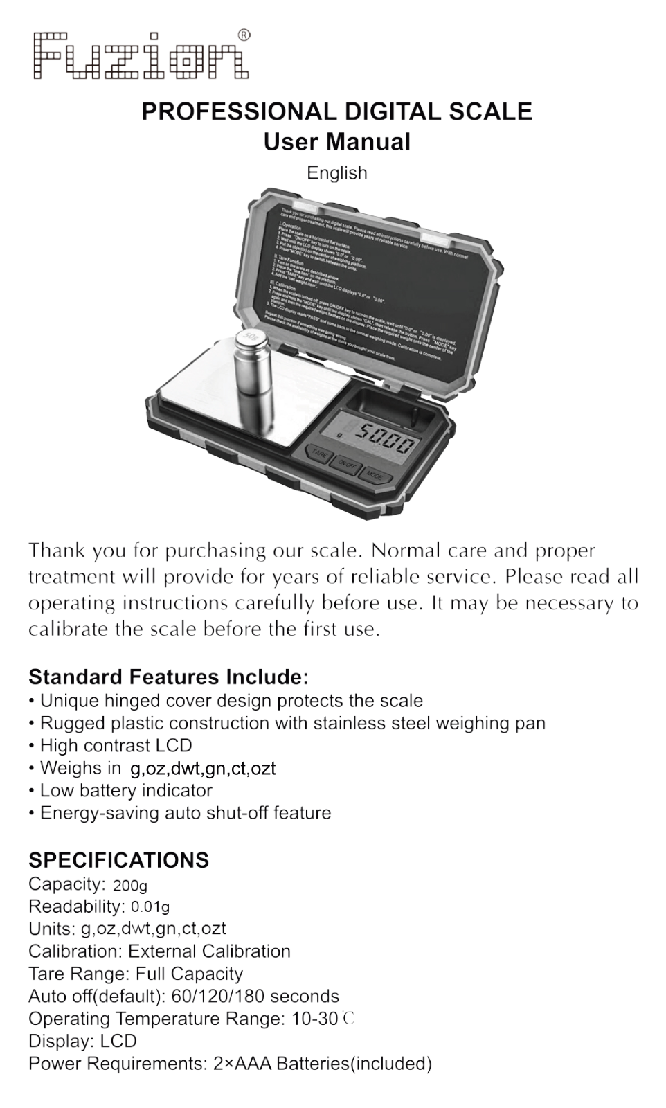 Fuzion Professional Digital Scale User Manual