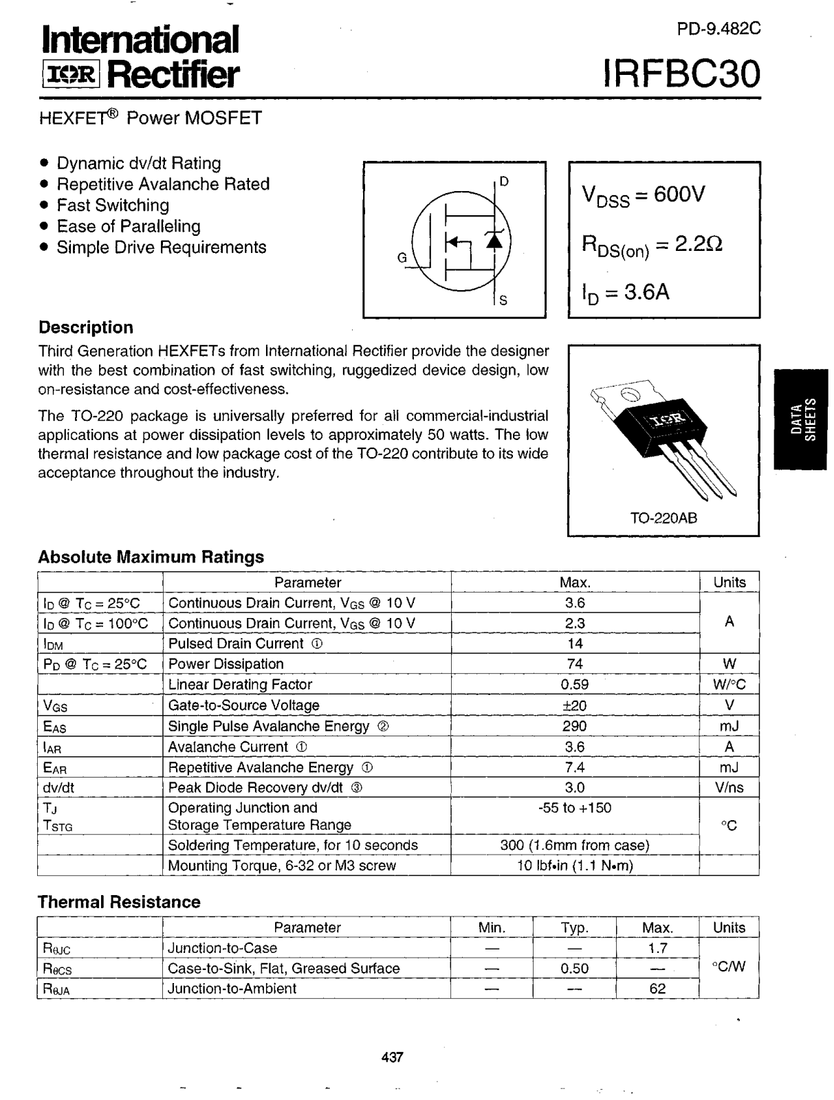 International Rectifier IRFBC30 Datasheet