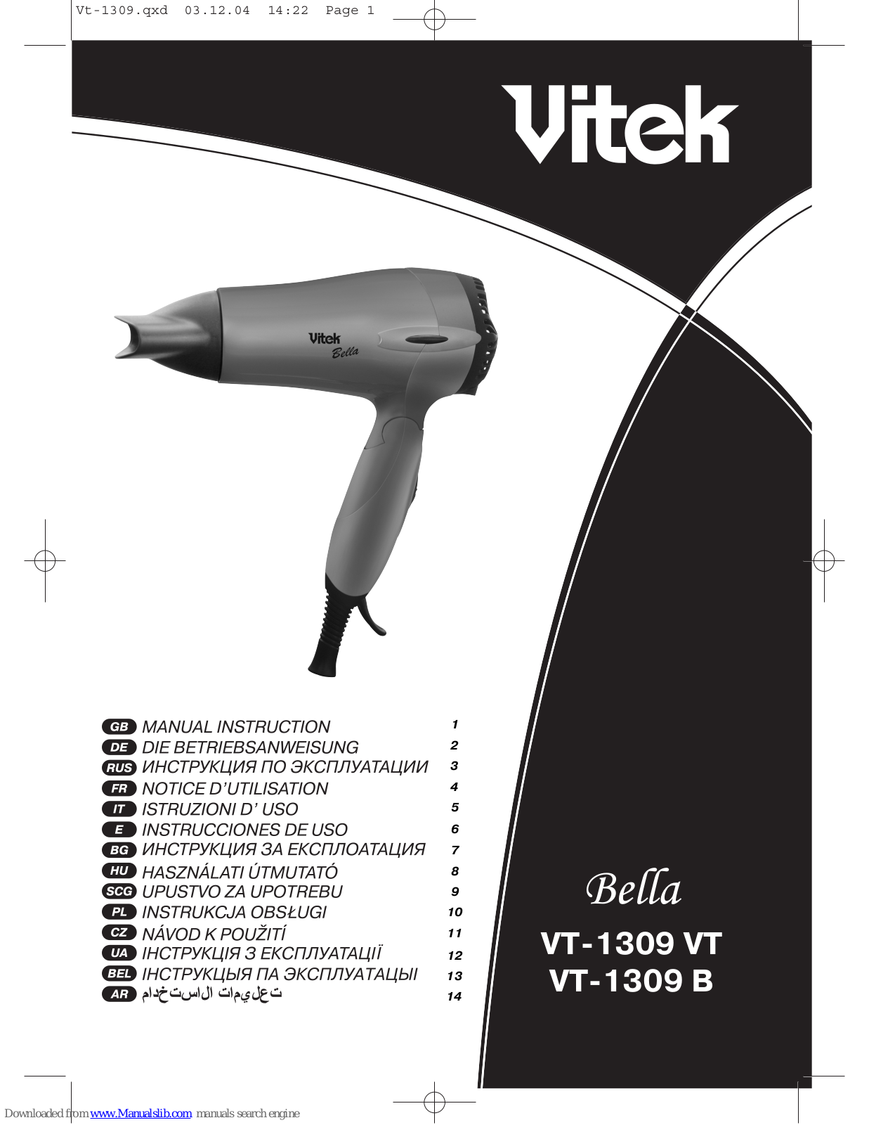 Vitek VT-1309 VT, VT-1309 B Manual Instruction