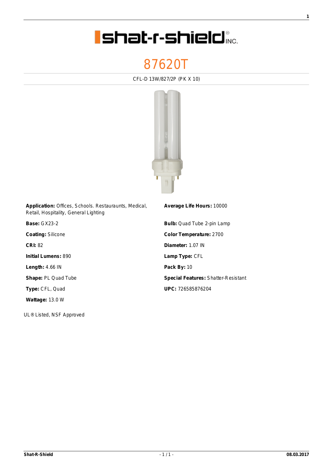 Shat-R-Shield 87620T Data sheet