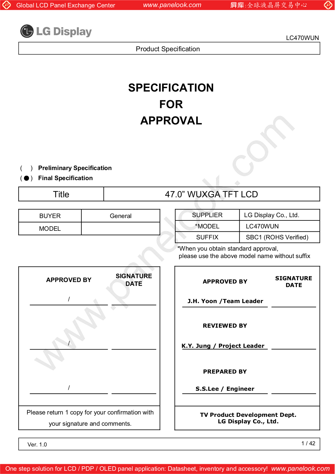 LG Display LC470WUN-SBC1 Specification