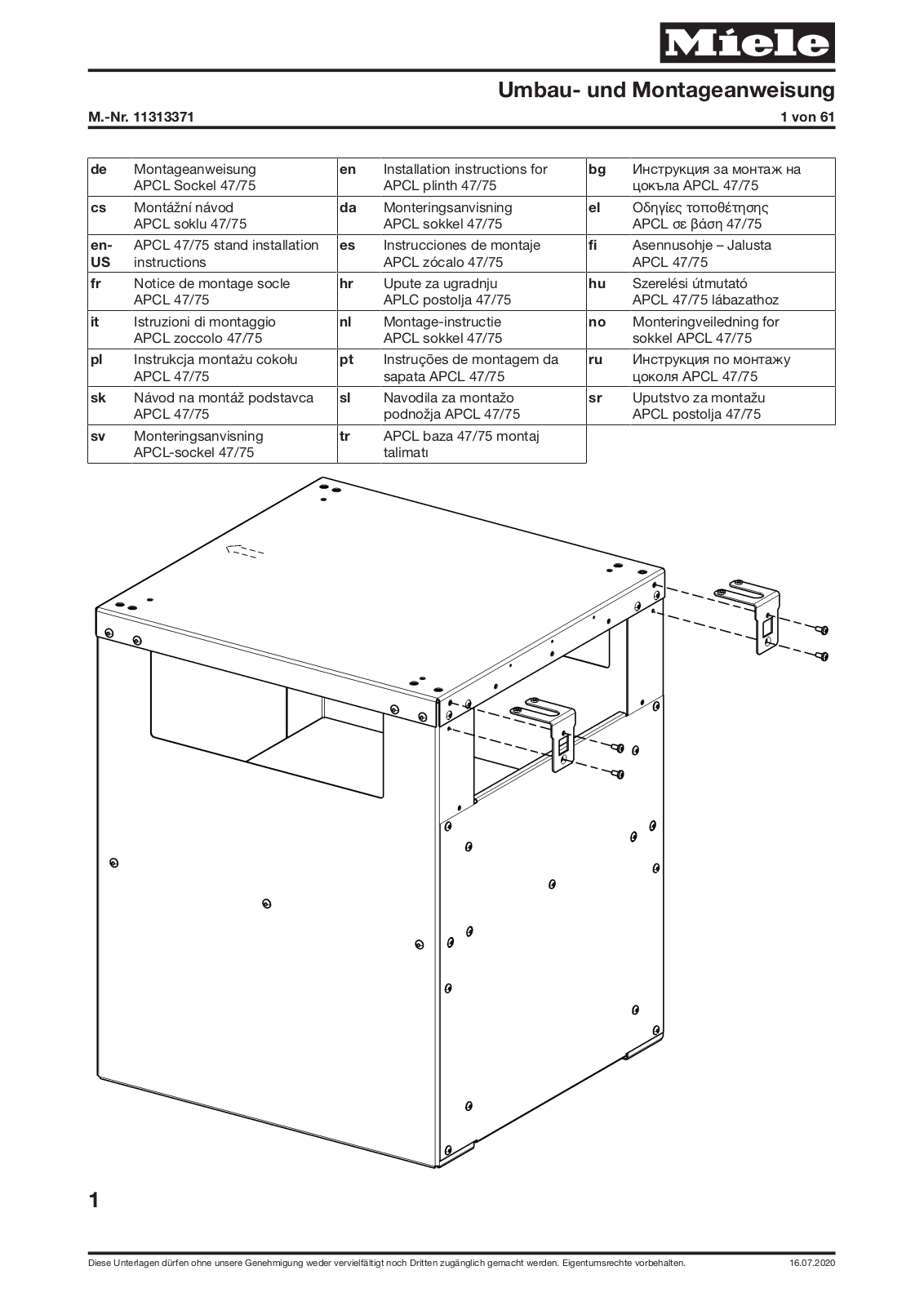 Miele APCL 47, APCL 75 Fitting Instructions