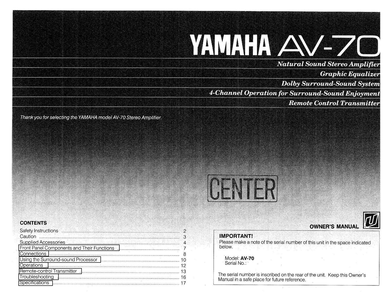 Yamaha AV-70 Owner Manual