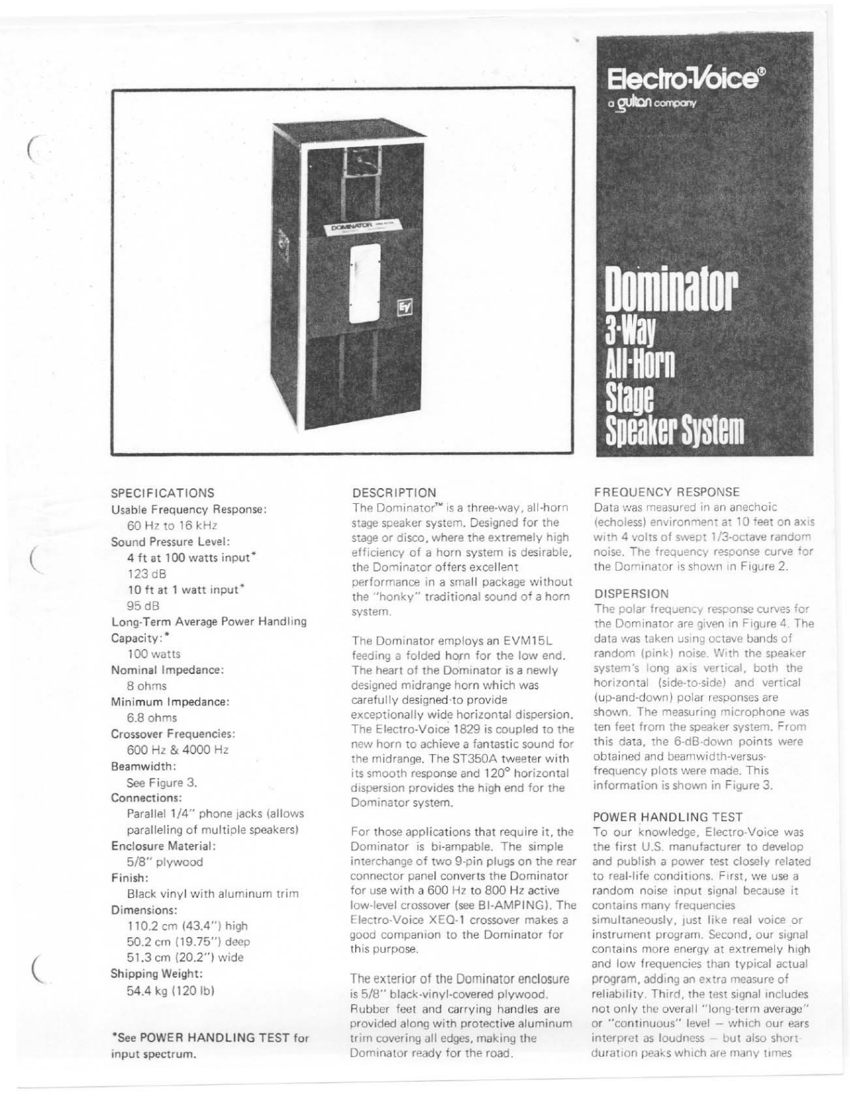 Electro-Voice Dominator All-Horn Stage Speaker System User Manual