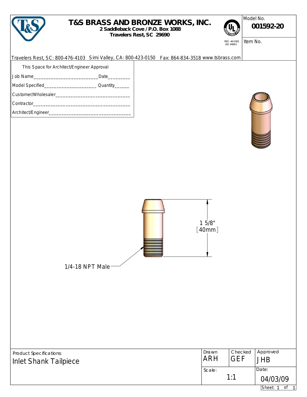 T&S Brass 001592-20 User Manual