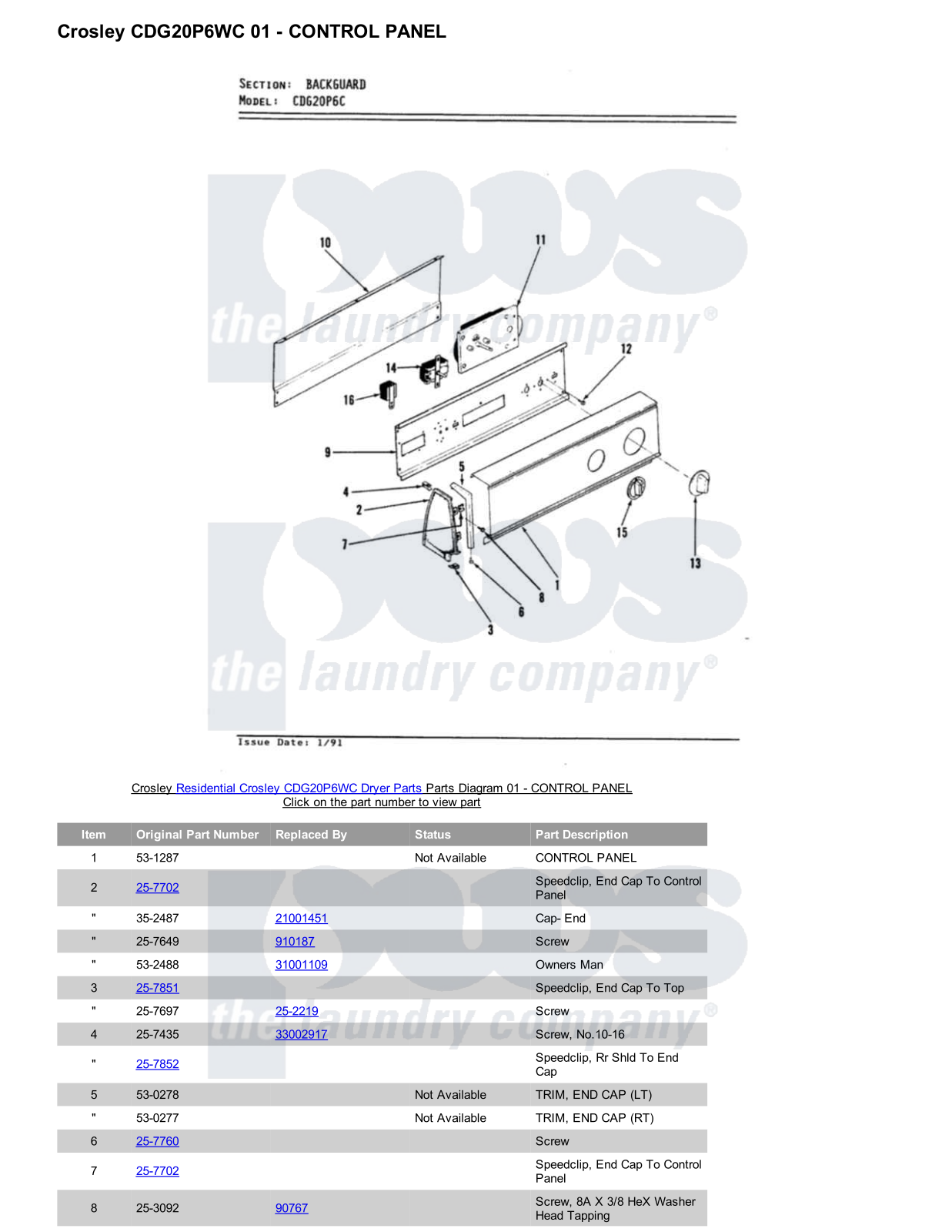 Crosley CDG20P6WC Parts Diagram