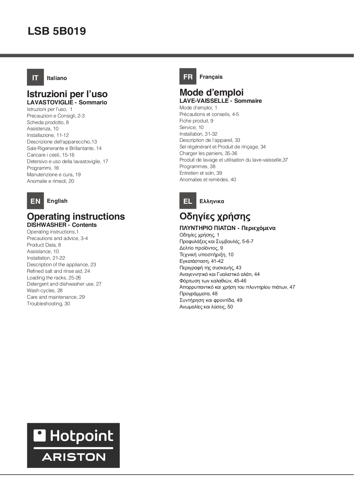 HOTPOINT/ARISTON LSB 5B019 CB EU User Manual