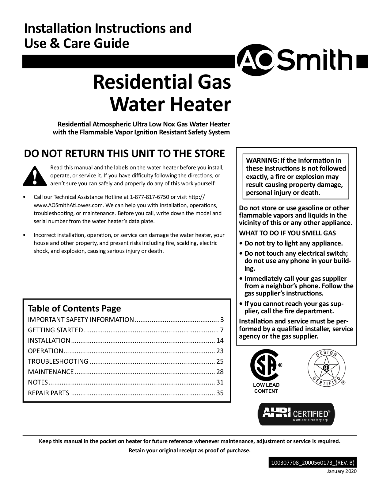 AOSmaith Residential Gas Water Heater User Manual