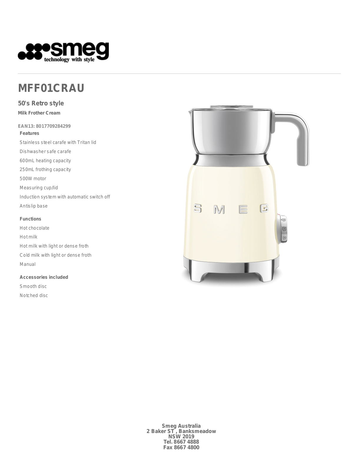 Smeg MFF01CRAU Specifications Sheet