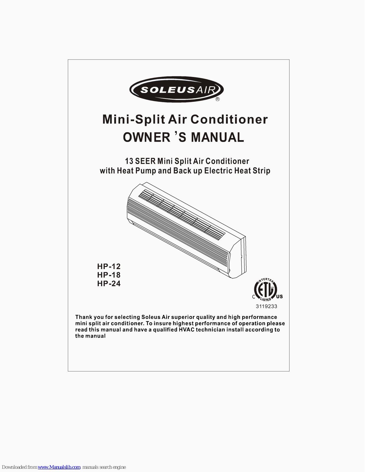 Soleus Air HP-12, HP-24, HP-18 Owner's Manual