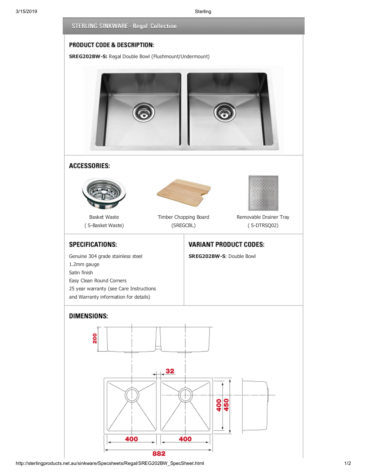 Sterling SREG202FBW-S, SREG202UBW-S Datasheet