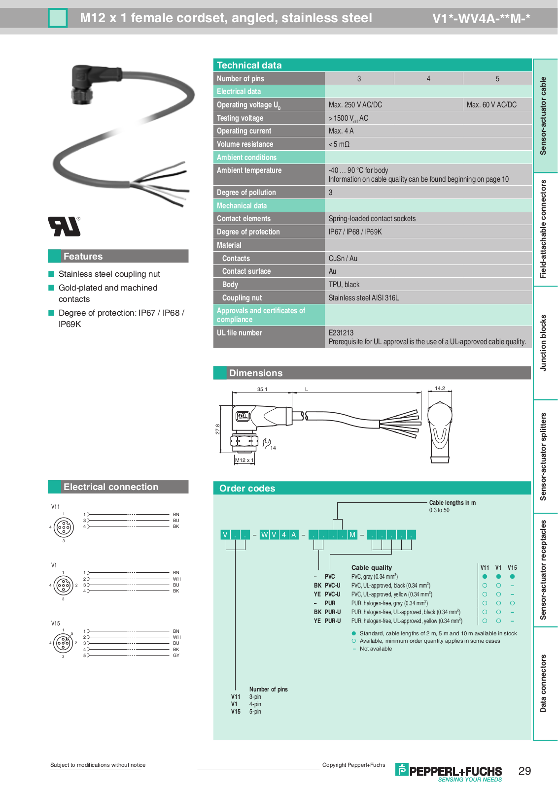 Pepperl Fuchs V1-WV4A-10M-PVC Data Sheet