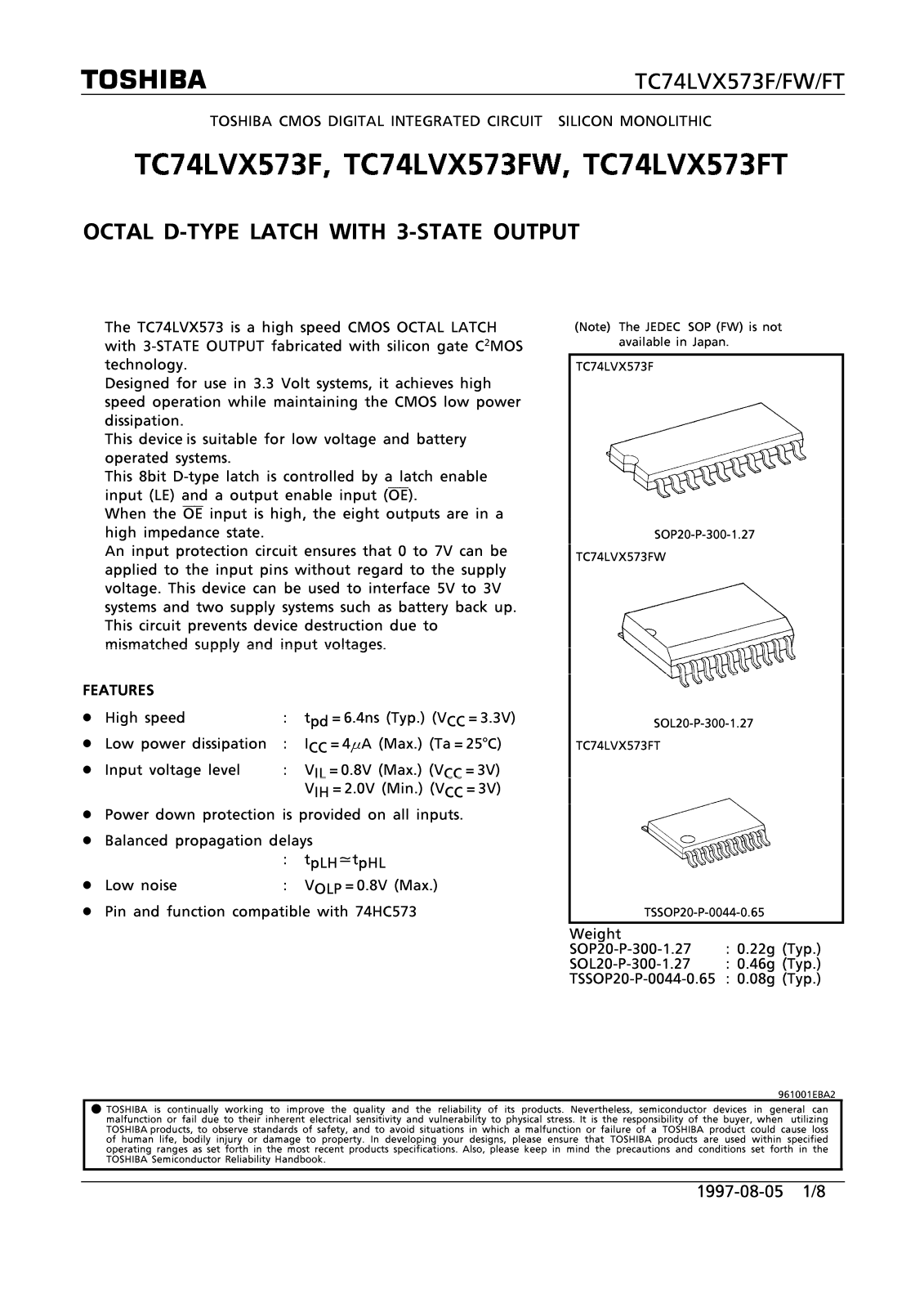 Toshiba TC74LVX573FW, TC74LVX573FT Datasheet