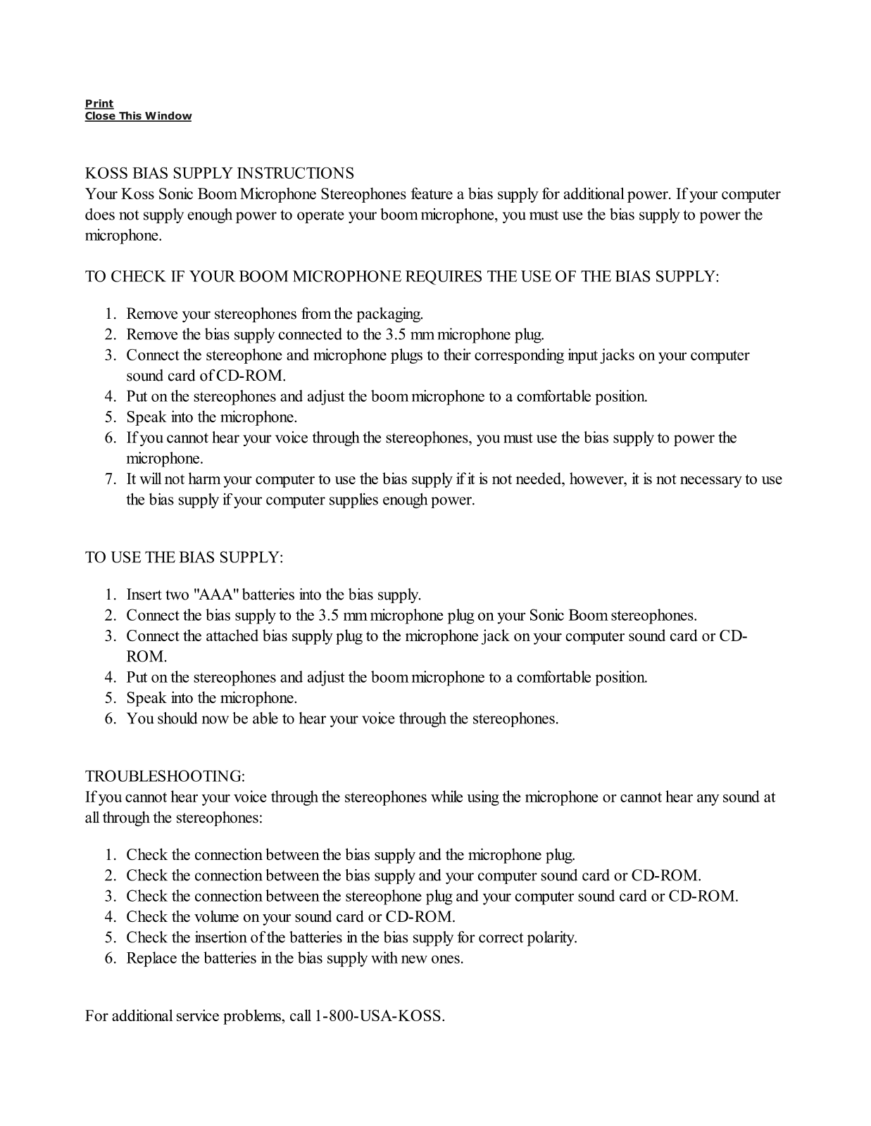 Koss SW35 Operating Instruction