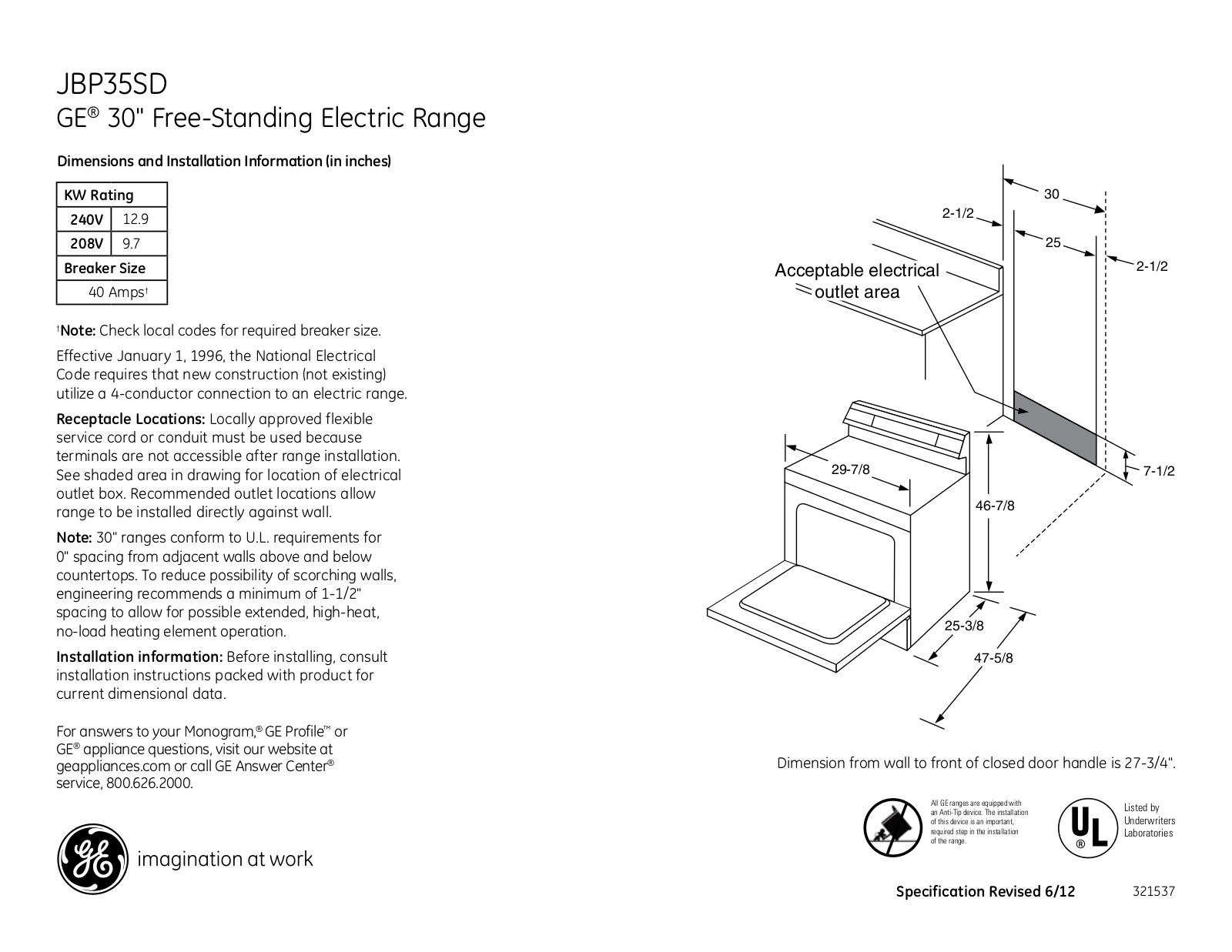 GE JBP35SD Specification