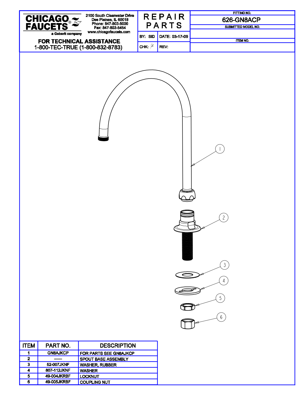 Chicago Faucet 626-GN8ACP Parts List