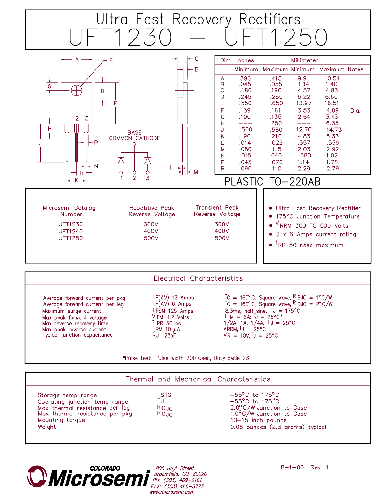 Microsemi UFT1250, UFT1240, UFT1230 Datasheet