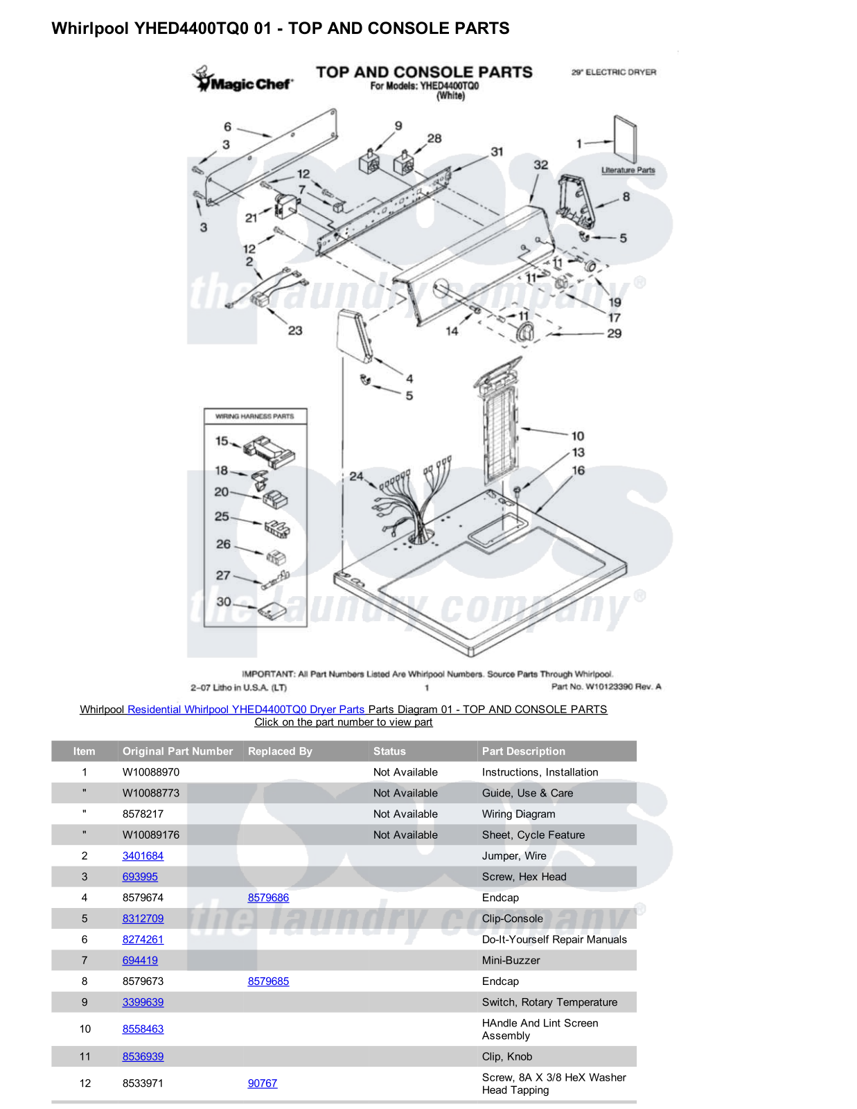 Whirlpool YHED4400TQ0 Parts Diagram