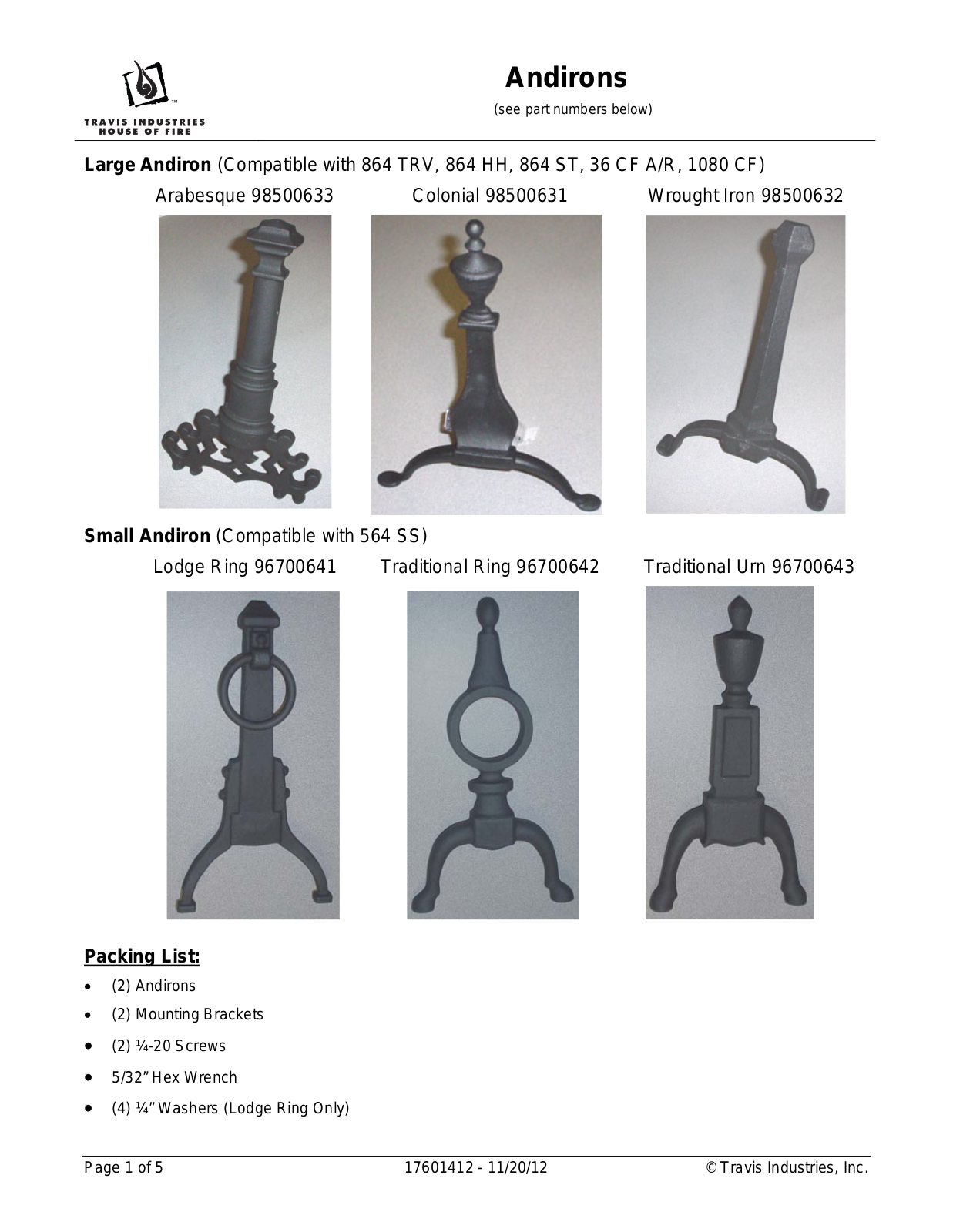 Avalon Firestyles Andirons User Manual