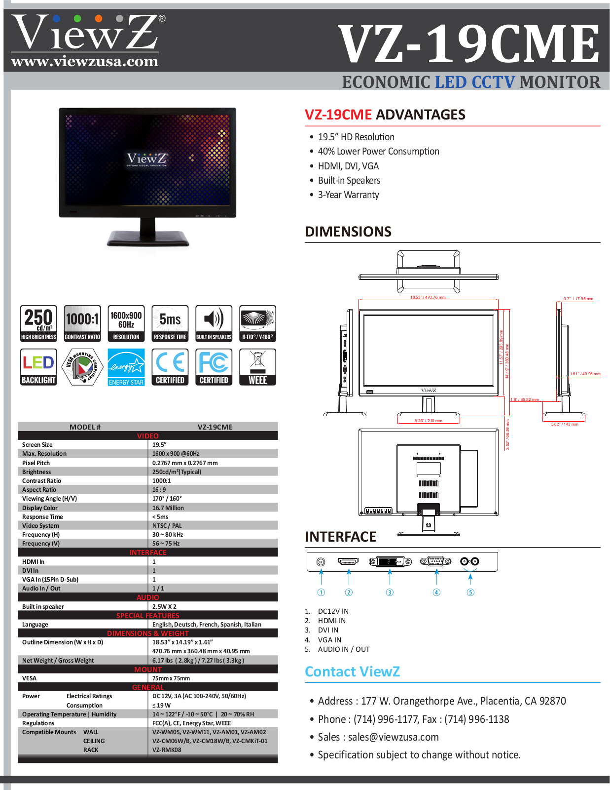 ViewZ VZ-19CME Specsheet