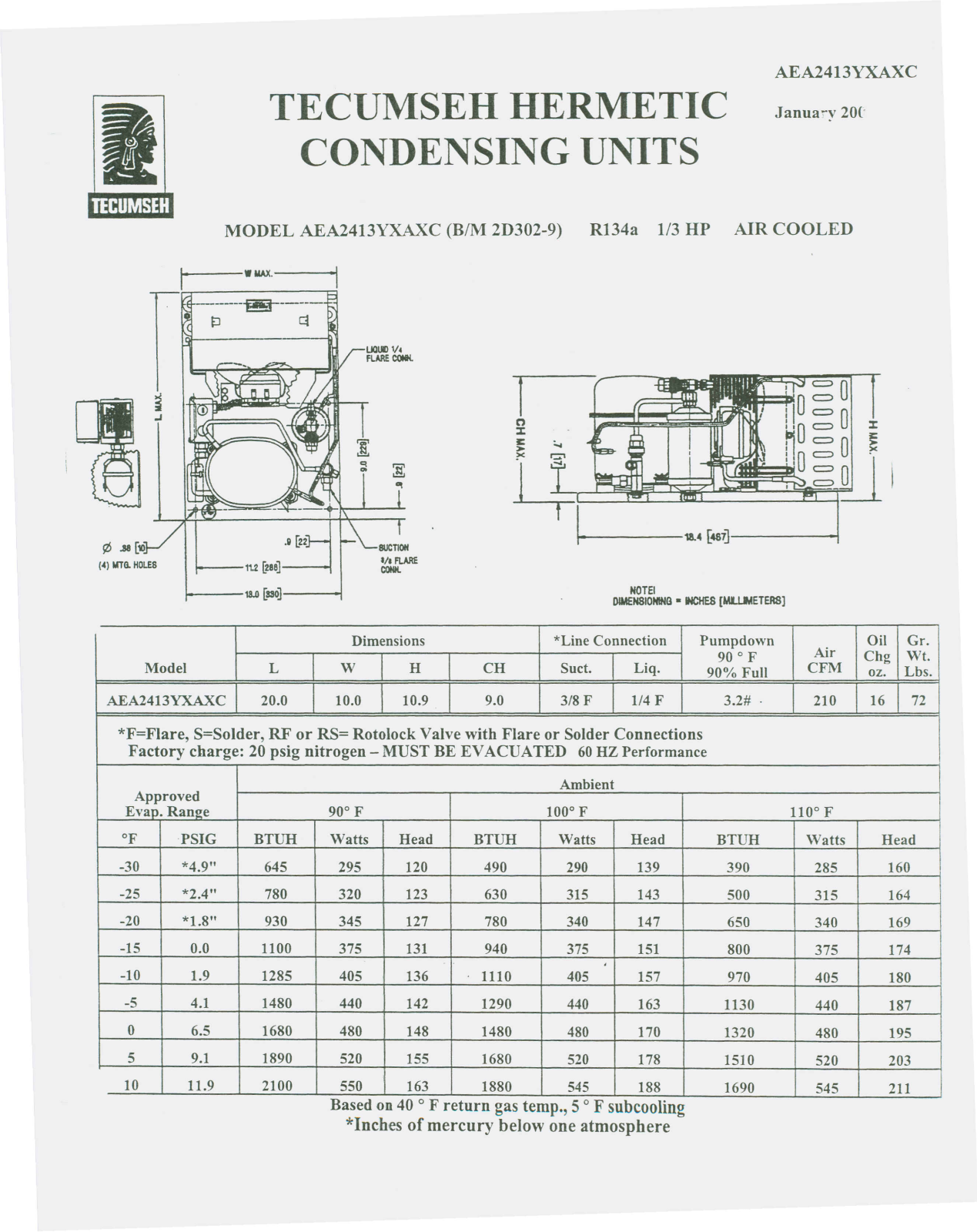 Tecumseh AEA2413YXAXC Performance Data Sheet