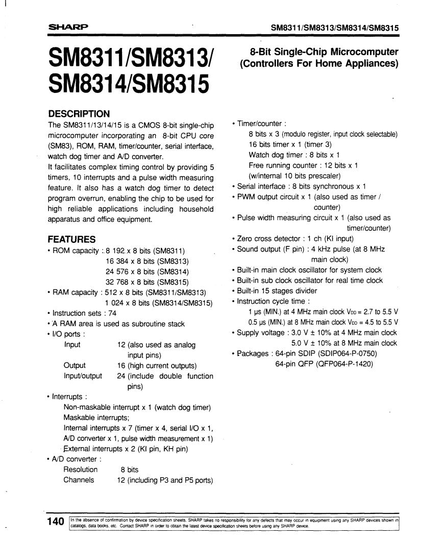 Sharp SM8311, SM8313, SM8314, SM8315 Datasheet