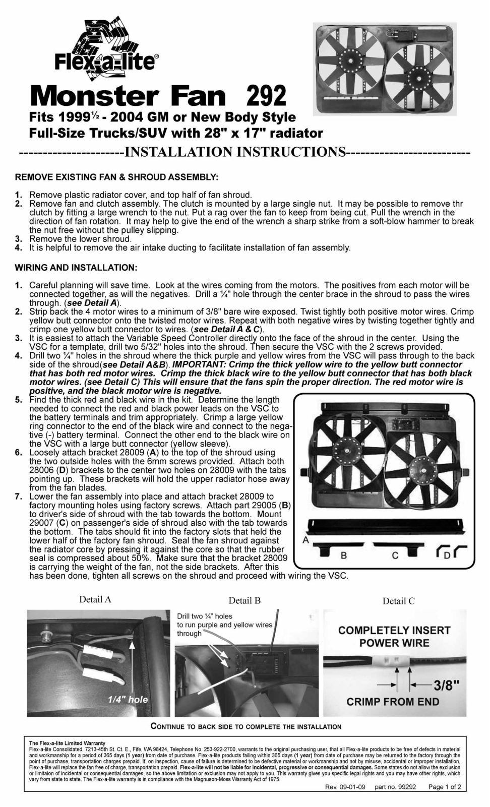 Flex-a-Lite 292 Installation Instruction