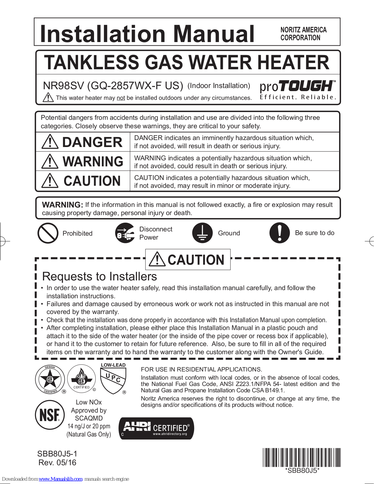 Noritz GQ-2857WX-F US, NR98SV Installation Manual