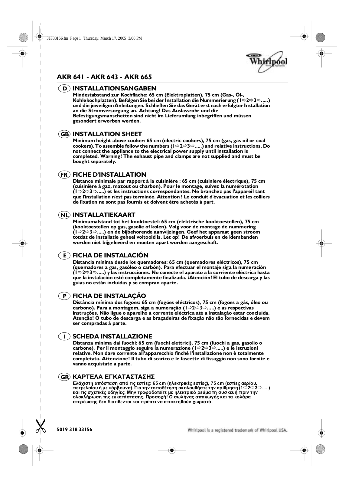 Whirlpool AKR 665 PROGRAM CHART