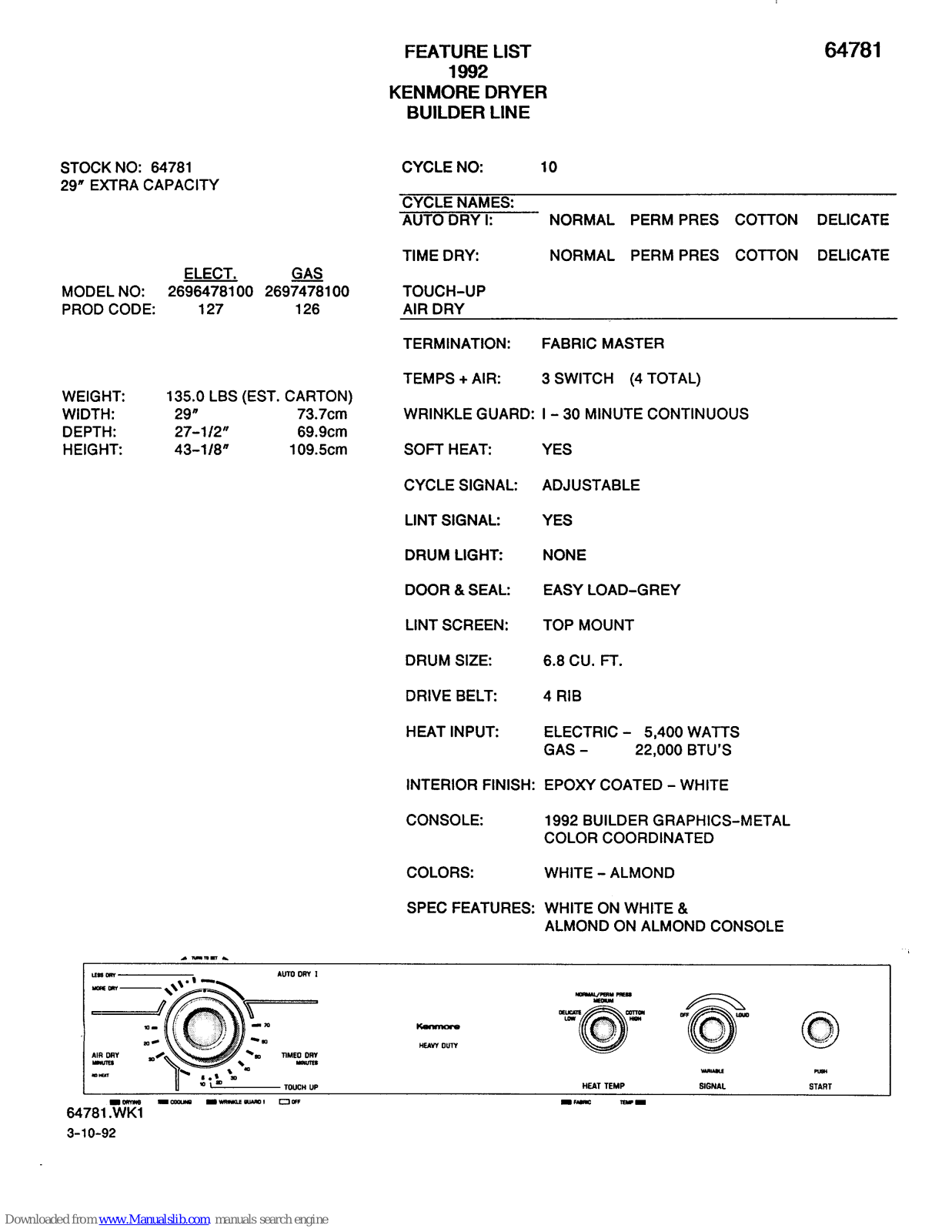 Kenmore 2696478100, 2697478100 Features List - ManualMachine.com