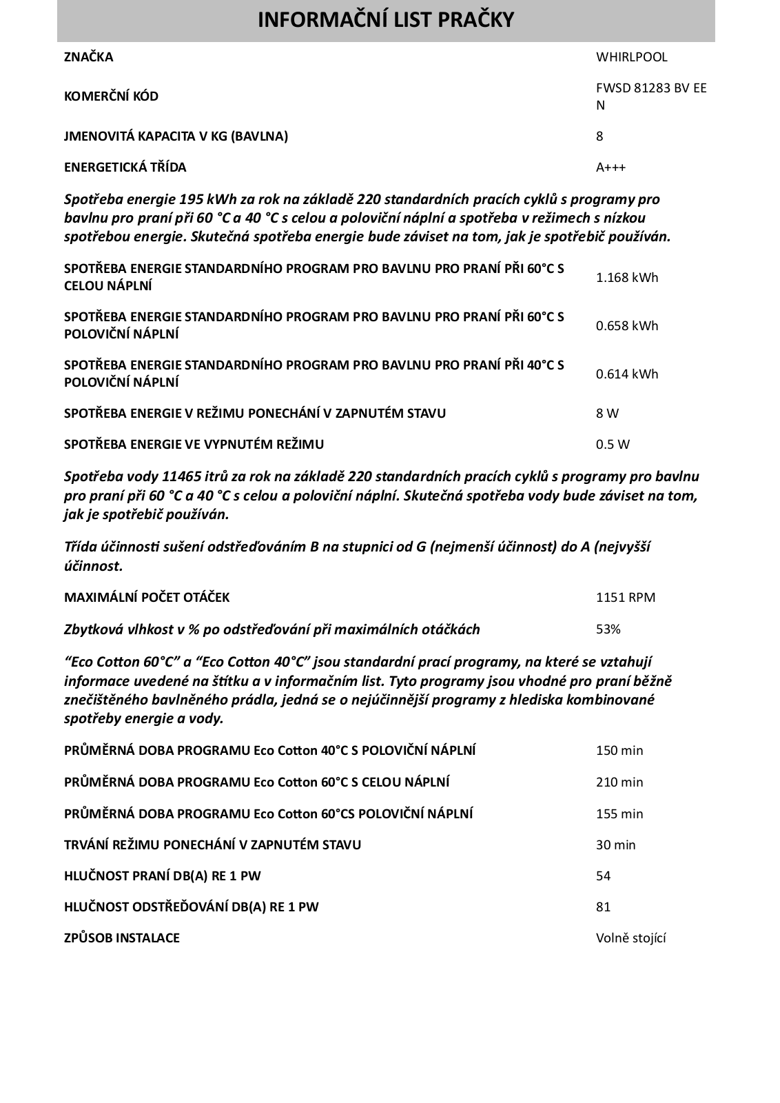 Whirlpool FWSD 81283 BV EE N User Manual