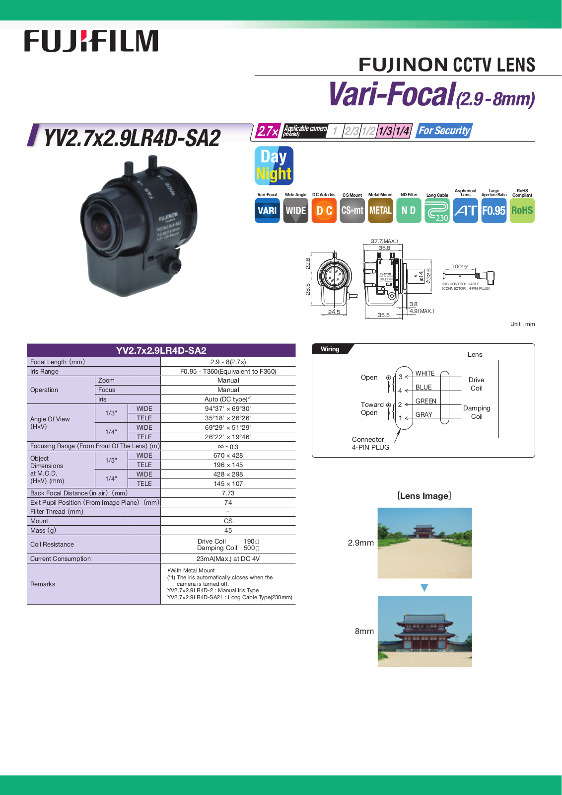 Fujinon YV2-7X2-9LR4D-SA2L Specsheet