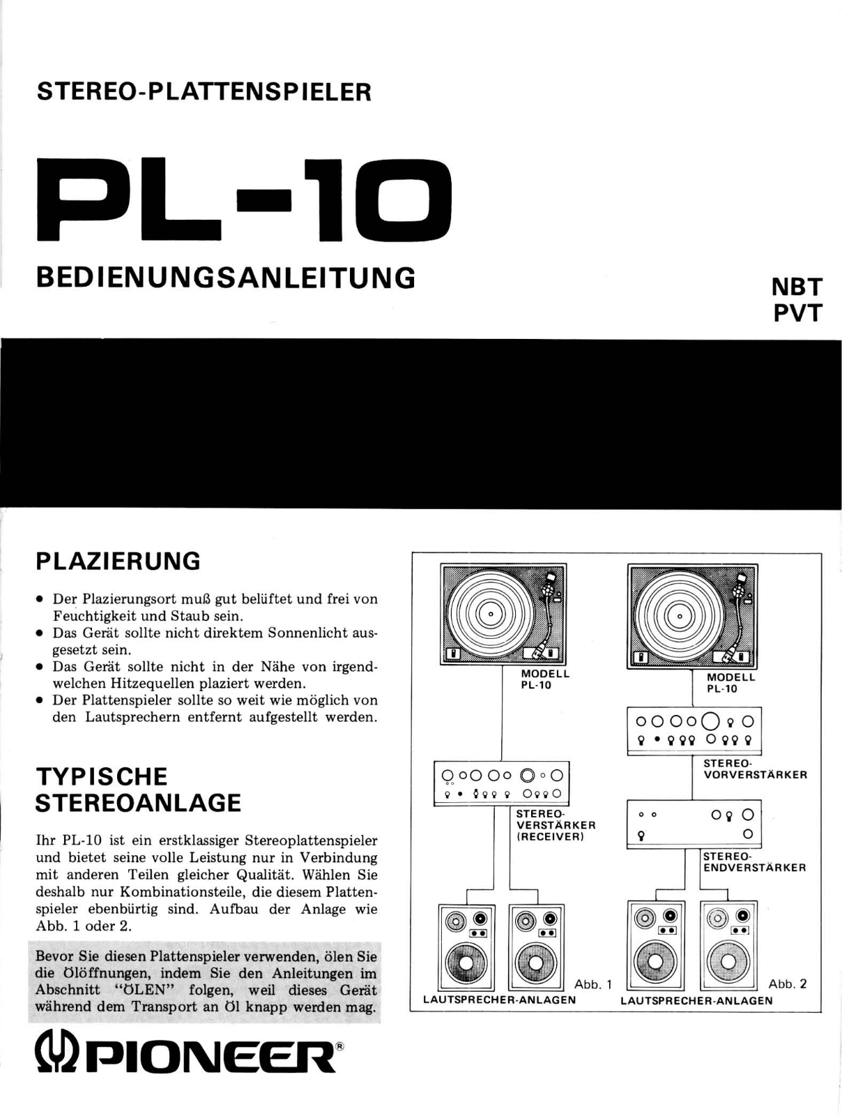 Pioneer PL-10 Owners manual