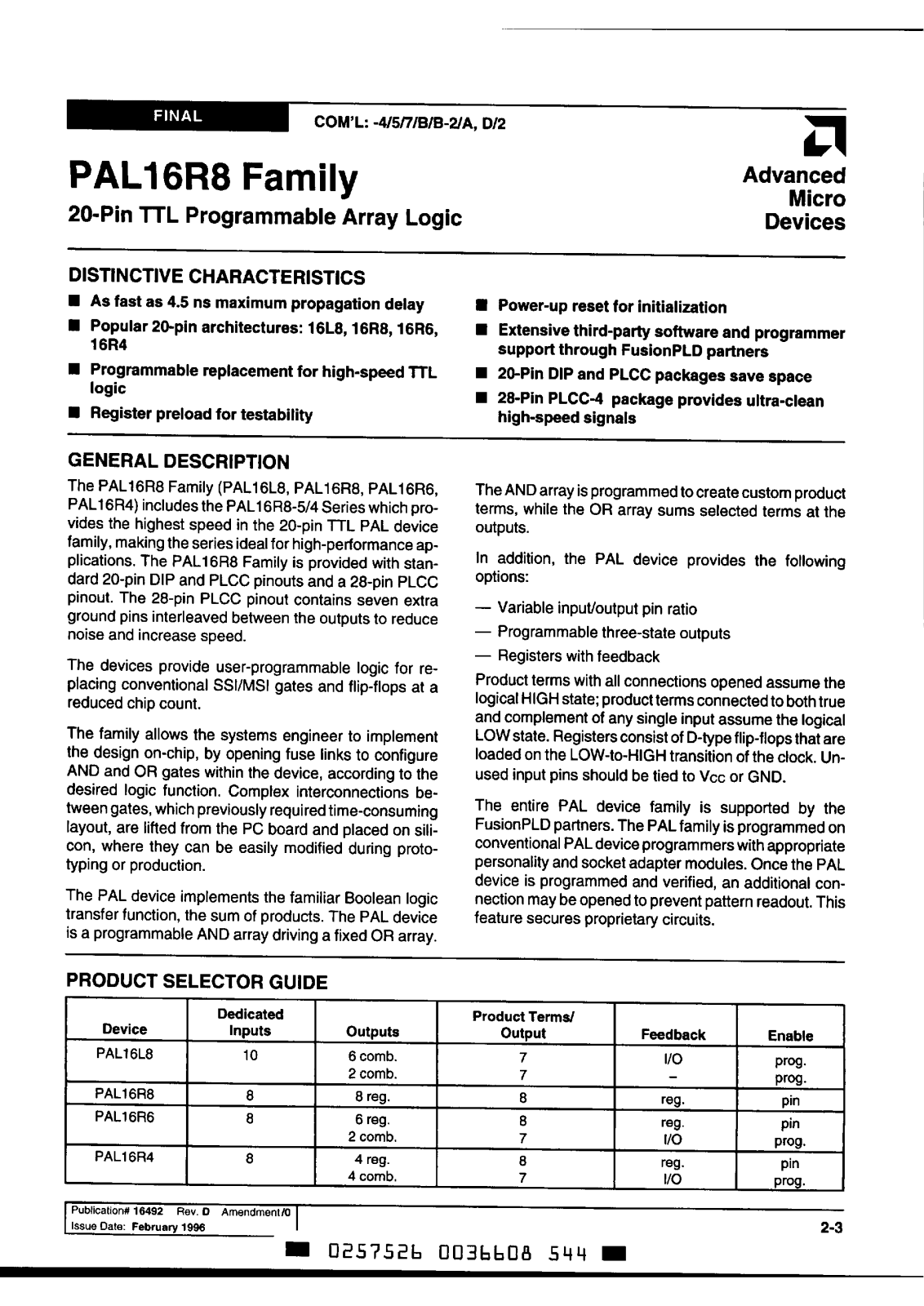 AMD PAL16L8-4JC, PAL16L8-7JC, PAL16R4-7PC, PAL16R4-D-2JC, PAL16R4-D-2PC Datasheet