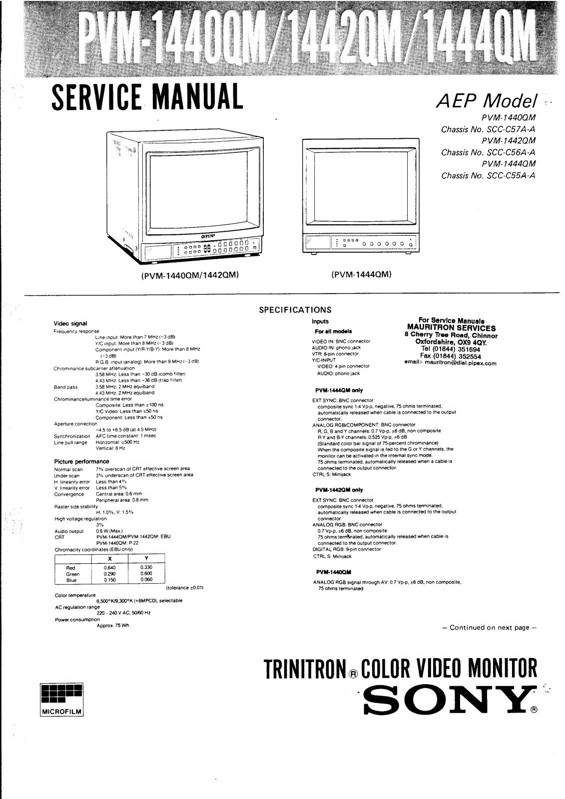 Sony PVM-1440QM, PVM-1442QM, PVM-1444QM Service Manual