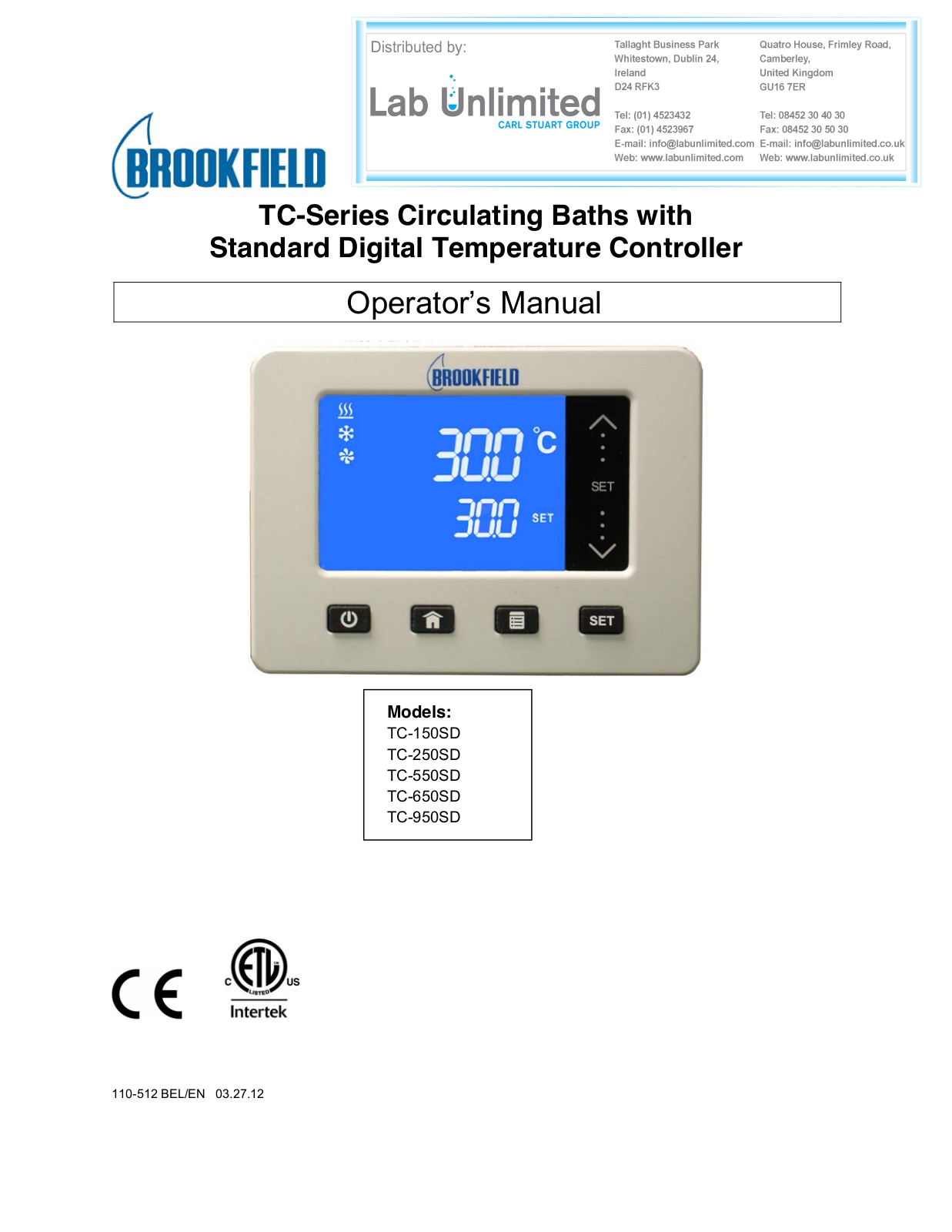 Brookfield TC Series, TC-550SD, TC-650SD, TC-950SD, TC-250SD Operator's Manual